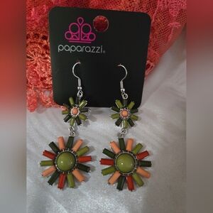 Paparazzi Green and Orange Sunburst Earrings